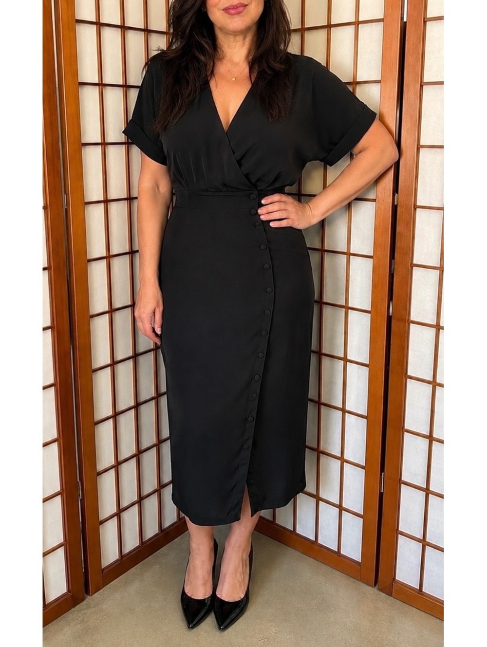 Smart and Joy Side Buttoned Cross Heart Black Midi Dress NWT M UK 12